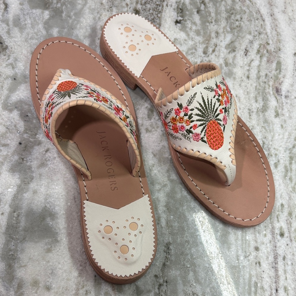 Jack Rogers White and Tan Sandals with Floral Embroidery